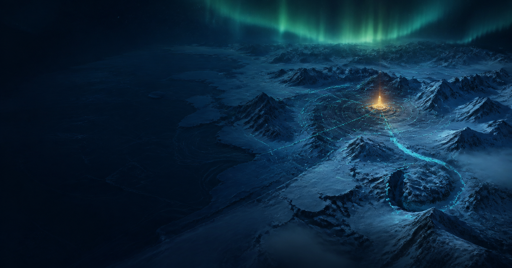 Aurora over winter terrain traced by cyan planning signals